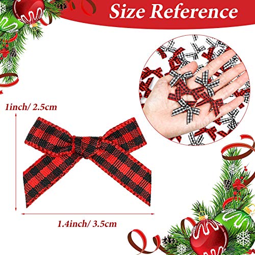 200 Pieces Christmas Mini Gingham Ribbon Bows Gingham Craft Ribbon Bows Mini Checkered Ribbon Flowers Appliques for Sewing, Scrapbooking, DIY Craft (Red Black and White Black)