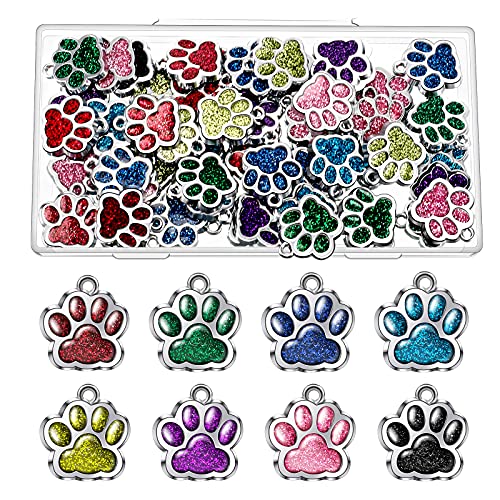 Hicarer 80 Pieces Animal Cat Dog Paw Print Charms Pendants Crystal Beads Glitter Footprint Jewelry Findings for Jewelry Making DIY Necklace Bracelet, 8 Colors (Glitter Style)