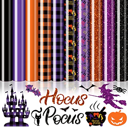 AnyDesign 10 Sheet Halloween Witch Heat Transfer Vinyl Hocus Pocus HTV Paper Orange Purple Green Black Buffalo Plaids Iron on Vinyl Adhesive Craft Vinyl for DIY Fabric Silhouette Hat Bag, 9.6 x 11.8"