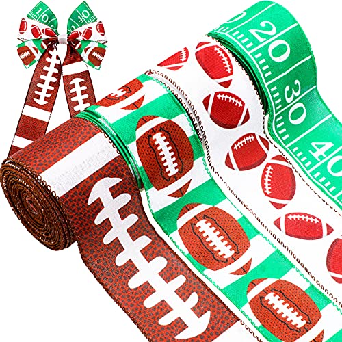 4 Rolls Football Wired Ribbon 2.5 Inches x 24 Yards Wide Sport Ball Craft Ribbon Green Brown Football Ribbon Rolls for DIY Wreaths Wrapping Sport Team Party Decoration and Crafting