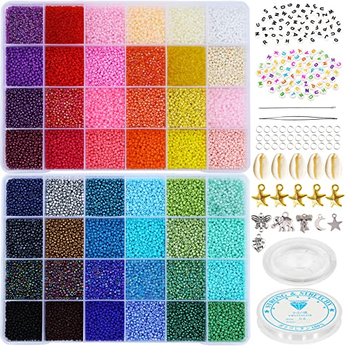 LEECOON 33600+pcs Size 12/0 2mm Glass Seed Beads for Bracelet Jewelry Making, Small Beads 48 Colors Assortments Kit for Adults Girls Making Necklace Earring with Alphabet Beads Charms Pendants
