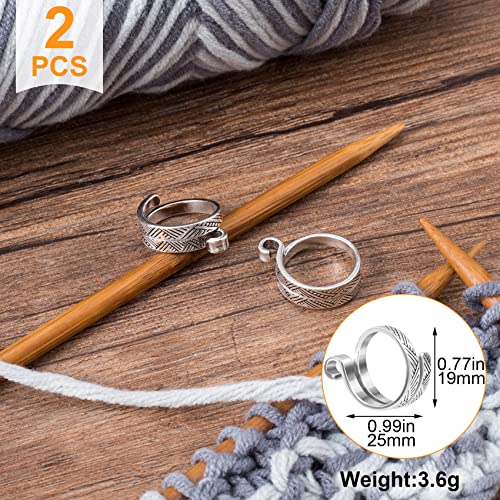 ANCIRS 2 Pack Knitting Crochet Loop Ring for Fingers, Adjustable Crochet Tension Ring, Metal Open Yarn Guide Finger Holders, Knitting Thimbles for Crochet- Silver