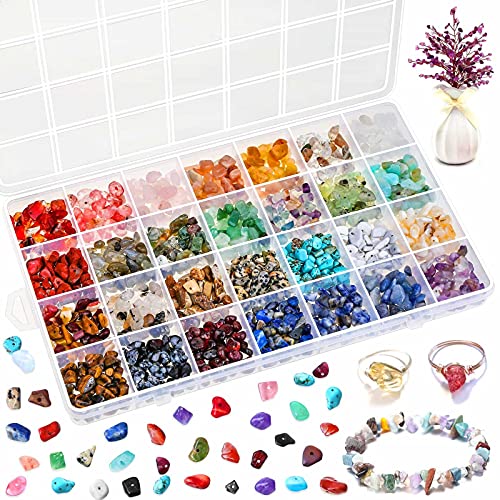 selizo Crystal Beads for Ring Making, 28 Colors Crystal Chips and Gemstone Beads for Jewelry Making, Crystal Ring Making Kit with Plastic Box for Jewelry Ring, Bracelets, Earring Making Supplies