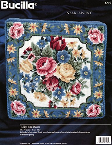Bucilla Needlepoint Kit Tulips and Roses Blue Pillow #4719 1996