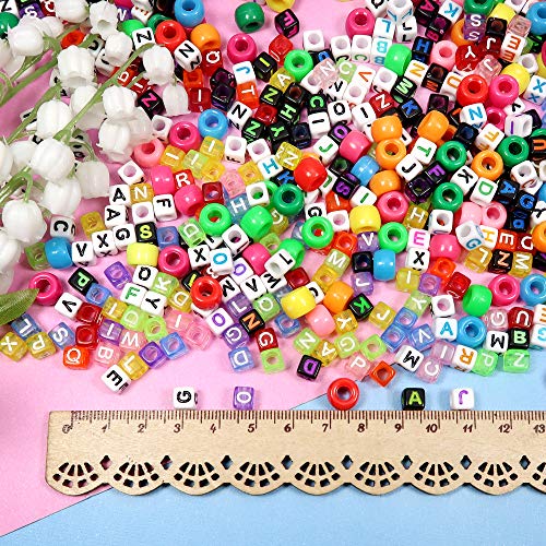 TOAOB 1200pcs 4 Colors Acrylic Alphabet Beads for Bracelets Making Mixed Cube Beads Letter Pony Beads with 1 Roll Elastic String for Jewelry Making