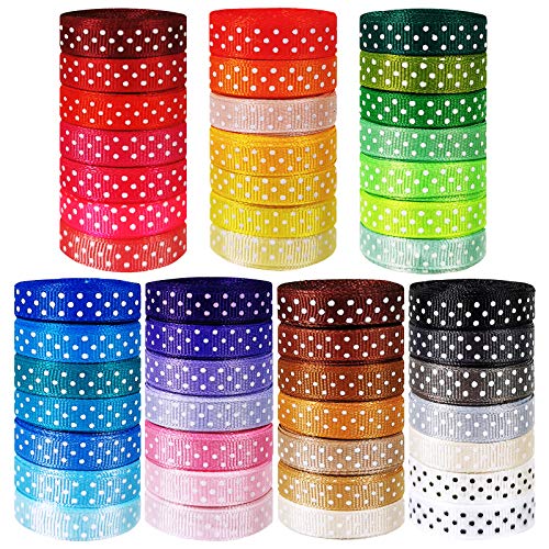 Winlyn 48 Rolls 48 Color 240 Yards 3/8" Wide Polka Dot Grosgrain Ribbons Rolls Fabric Ribbons Decorative Rainbow Multicolor Ribbons Trim for Gifts Wrapping Craft Hair Bows Sewing Wedding Party Project