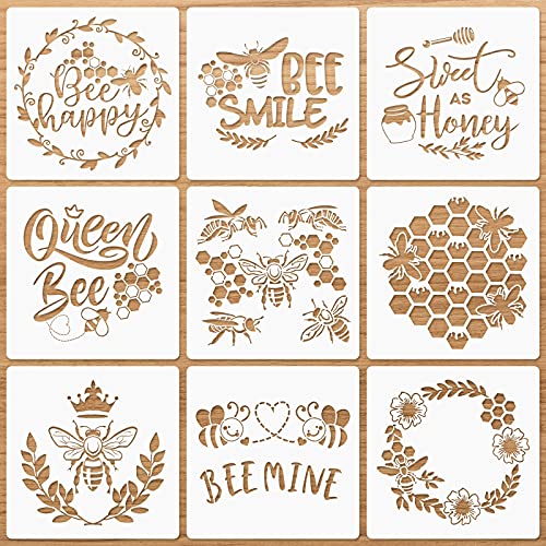 9 Pieces Bee Stencils for Painting on Wood, Honeycomb Theme Reusable Stencils, Honey Drawing Template for DIY Scrapbooking School Classroom Wall Floor Decor (8 x 8 Inch)