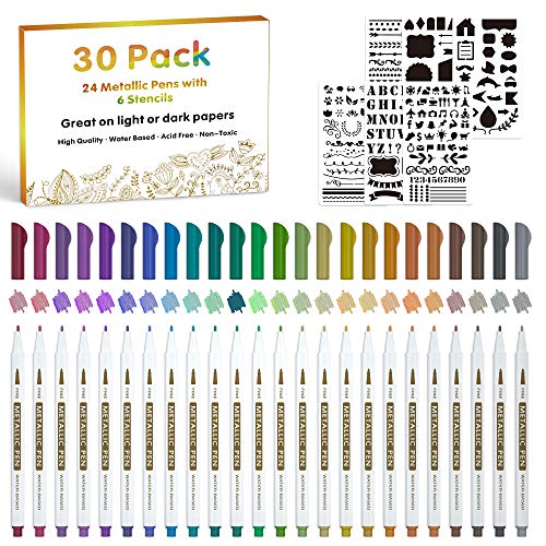 30 Pack Metallic Marker Pens, Lineon 24 Colors Fine Tip Paint Pens with 6 Stencils for DIY Craft Photo Album Rock Art Painting Card Making Glass Wood