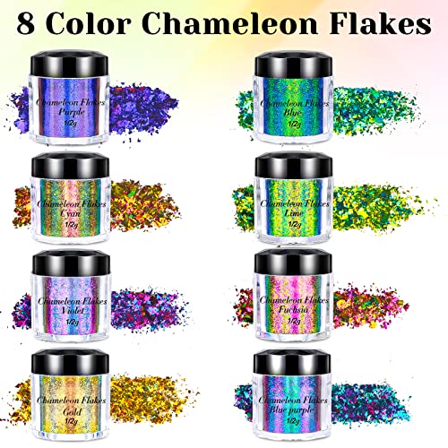 Chameleon Flakes Color Shifting, 8 Color Changing Pigment Powder Flakes for Nails Art Epoxy Resin Supplies, Holographic Chrome Chameleon Flakes Metallic for Tumblers Paints Eyeshadow Makeup