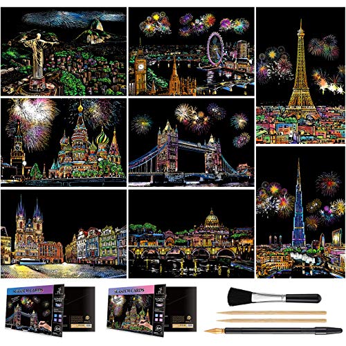 Scratch Art for Kids & Adults, Rainbow Engraving Painting Landscape Scratchboard(A4) Crafts Set: 8 Sheets 4 Tools - Fireworks, Big Ben, Tower Bridge, Cristo Redentor, Ferris Wheel(Landmark Building)