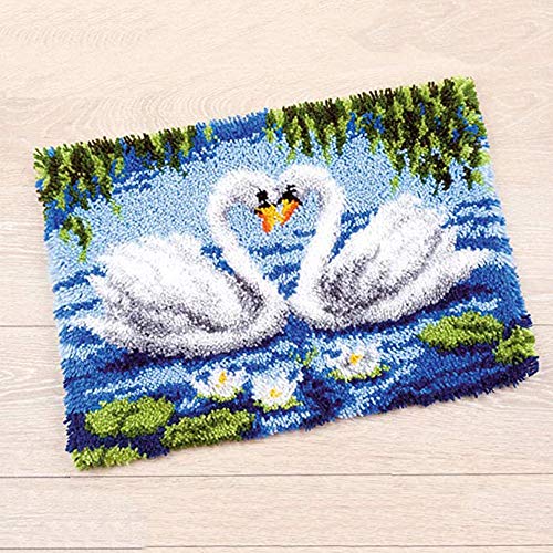 UR MAX BEAUTY Latch Hook Rug Kits DIY Needlework Unfinished Crocheting Rug Yarn Cushion Mat Swan Lovers Embroidery Carpet Rug Home Decor