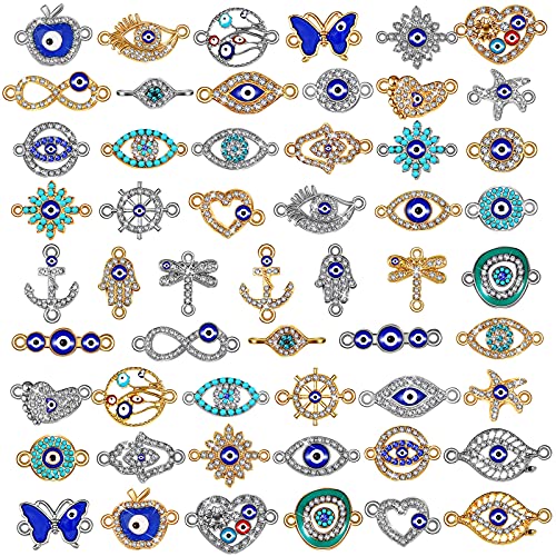 Hicarer 54 Pieces Mixed Alloy Enamel Eye Charms Assorted Evil Eye Connector Rhinestone Diamond Gold Silver Crystal Evil Eye Charms for DIY Craft Bracelet Necklace Earring Jewellery Making