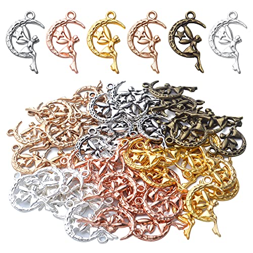 BronaGrand 60pcs Fairy on Moon Charms Alloy Angel Charms Jewelry Charms Pendants Earring Charms for Necklace DIY Jewelry Making Supplies,6 Colors