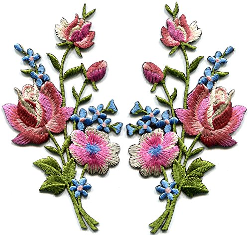 Mauve pink roses pair flowers floral bouquet boho embroidered appliques iron-ons patches new S-1226