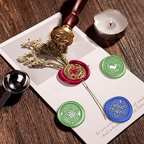 Christmas Wax Seal Stamp Hot Stamping Gift Box Set, 6 Pcs Sealing Wax Stamps Copper Seals 1 Wooden Hilt, Wax Stamp Kit for Cards Envelopes, Gift Packaging (Christmas Series)