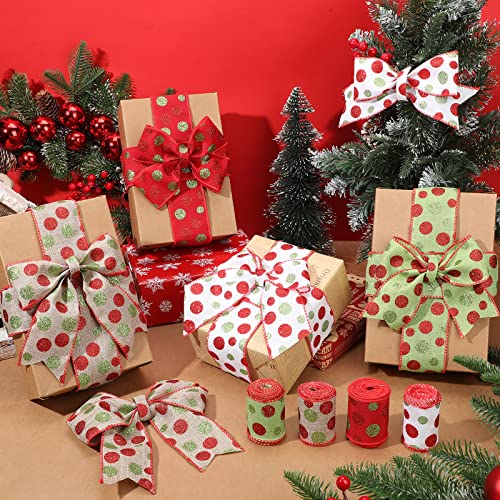 4 Rolls Christmas Polka Dot Ribbons Xmas Glitter Wired Ribbons Green Red Multi Dots Ribbon Burlap Fabric Decorative Ribbons for DIY Crafts Bow Xmas Tree Wrapping 24 Yards, 2.5 Inch (Multi Color)