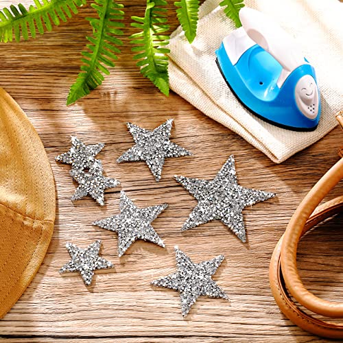 12 Pcs Star Iron on Patches Rhinestone Silver Adhesive Applique Hot Glue Rhinestone Stars Glitter Crystal Patches for Clothing Shoes Bags Hats Repair Decoration and DIY Accessory, 3 Sizes