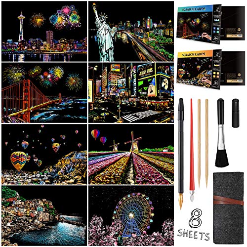 Scratch Painting Kits for Adults & Kids, Rainbow Painting Night View Scratchboard(A4), Crafts Set: 8 Sheets Scratch Cards with 6 tools in Bag - New York, Statue of Liberty, Seattle(America / Europe)