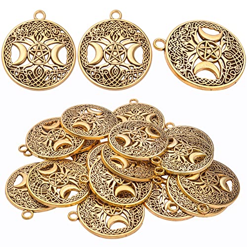 BronaGrand 20pcs Antique Golden Tree of Life Charms Pendants with Pentagram Triple Moon Tibetan Alloy Round Pentacle Charms Vintage Tree Dangle Pendants for DIY Craft Jewelry Making
