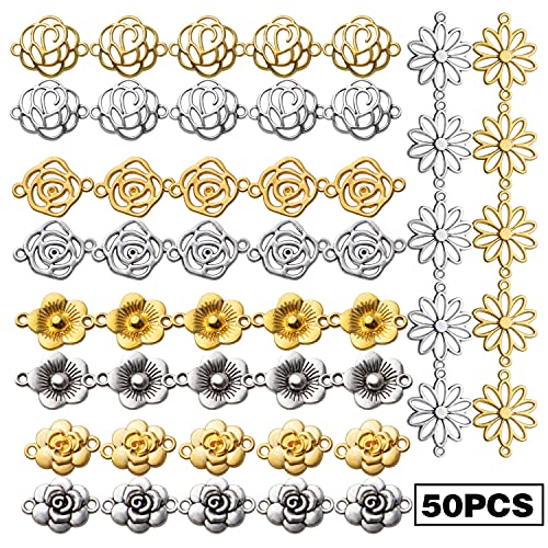 50pcs Flower Connector Charms Alloy Connector Pendants Flower Jewelry Connectors Craft Supplies for DIY Necklace Bracelet Jewelry Making Findings Accessory,5 Styles