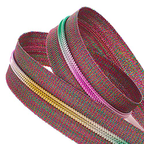 #5 Rainbow Zipper Tape by The Yard 5 Yards with 10Pcs Rainbow Zipper Pulls, Zippers Bulk Nylon Coil Colorful Teeth and 5 Metal Slider Pull Tab for Sewing DIY Tailor Craft -No Stops