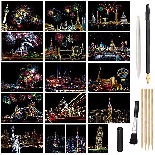 Magic Scratch Art Paper, Mini Envelope Postcard, Rainbow Night View Scratchboard for Adults and Kids, Art & Crafts Set : 16 Sheets Scratch Cards & 8 Tools Drawing Pen, Brush (Travel Around The World)