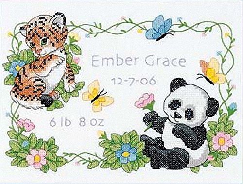 Dimensions Stamped Cross Stitch Kit Baby Animals Birth Record Personalized Baby Gift, 12" x 9", White
