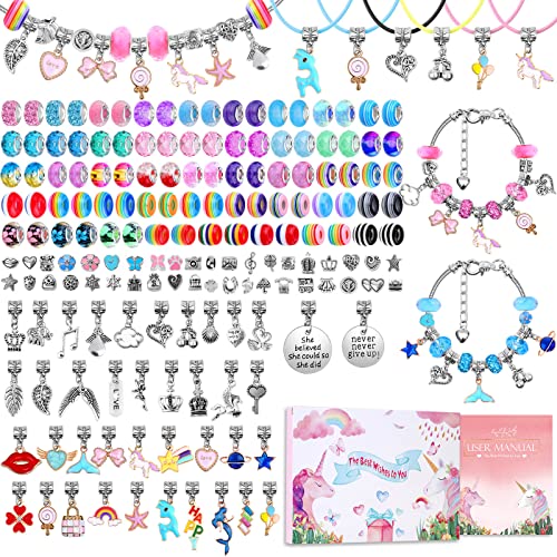 180 Pcs Charm Bracelet Making Kit for Girls, Mckanti Unicorn Mermaid Crafts Gifts Set Charm Bracelets Kit DIY Jewelry Making Supplies with Beads, Pendant, Bracelets, Necklace Cords for Teens Girls