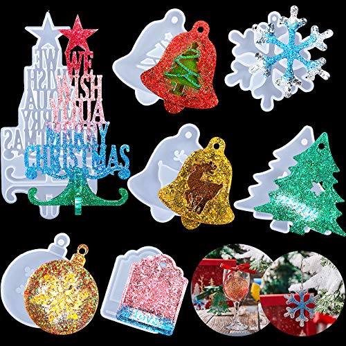 7 Pieces Christmas Resin Silicone Molds 3D Christmas Tree Mold Pendant Decoration Molds with Hanging Hole Include Bells, Elk, Christmas Tree, Round Snowflakes Pendant, Love Tag for Xmas Home Decor