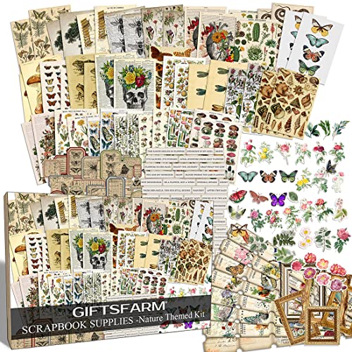 Aesthetic Vintage Scrapbooking Supplies (238 Pieces) for Art Journaling Bullet Junk Journal, Cottagecore Paper Stickers, Cute Stationary Scrapbook Kit, Journal Stickers, Aesthetic Stickers (Nature)