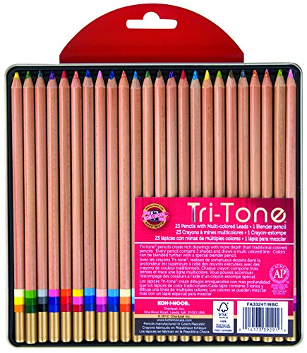 Koh-I-Noor Tri-Tone Multi-Colored Pencil Set, 24 Assorted Colors in Tin and Blister-Carded (FA33TIN24BC)