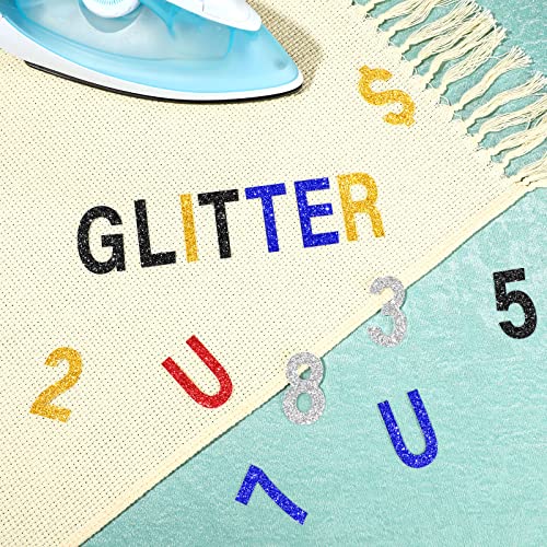 440 Pieces 2 Inch Iron on Letters and Numbers for Clothing T Shirts Fabric Printing in 5 Color Heat Transfer Vinyl Letter Number Stickers Flock Alphabet Number Punctuation for DIY Craft(Glitter Style)