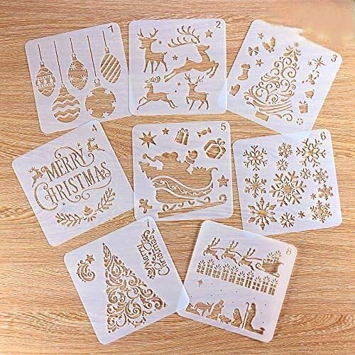 8 Pcs Christmas Stencils Template Reusable Plastic DIY Christmas Decoration For Craft Art Drawing Painting Spraying Window Glass Body Journaling Scrapbook Holiday 5x5 inch