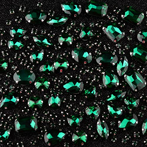 Umillars 176 Pieces Sew On Glass Rhinestone,Claw Flatback Crystal Rhinestones Metal Prong Setting Rhinestones Sewing Gems for Jewelry, Clothes, Costume, Shoes, Belt, Dress, Garments and Crafts (Green)