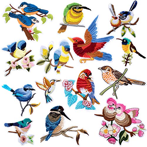PAGOW 14PCS Embroidery Patches Birds, Birdie Iron On Patches, Embroidered Motif Applique Sticker DIY Accessory Sew on Patch for Jeans, Clothing, Backpacks (14 Differ Sizes)