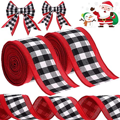 2 Rolls Christmas Wired Edge Ribbons Buffalo Plaid Ribbons Plaid Check Ribbons Black and White Ribbons with Red Edges for Crafts Wrapping Decoration Floral Bows 12 Yards x 2.5 Inches