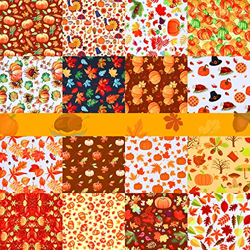 16 Pieces Fall Fabric Autumn Fabric Thanksgiving Fat Fabric Bundles Craft Plaid Fabric Squares Patchwork with Pumpkin Maple Patterns for DIY Sewing Quilting Crafts, 10 x 10 Inch(Vivid Pattern)