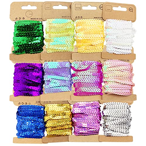 60 Yards Flat Laser Sequins Strip Trim on Strings 6mm Diameter 12 Colors Glitter for Sewing, Fringe, Embroidery, Wedding Decoration, Costume and Crafts DIY
