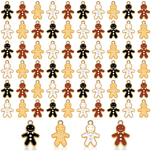 Sureio 60 Pieces Christmas Gingerbread Charm Bracelet Charms DIY Crafts Earring Making Charms Jewelry Pendants Decorative Charms for Necklace (White, Black, Caramel Color and Cream Yellow)
