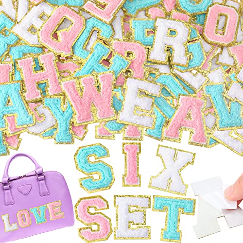 156 Pieces Self Adhesive Chenille Letter Patches A-Z Alphabet Chenille Sticker Glitter Chenille Initial Patches for DIY Mobile Phone Backpacks Hat Fabric Clothing Appliques (White, Pink, Blue)