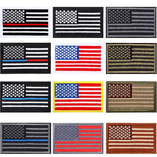 12 Pieces Flag Day American Flag Patches USA Flag Patch Embroidered Patch US Flag Iron-on Patch Colorful Sew-on Flag Patch for Hat Backpack Jackets Pants Jeans Supplies