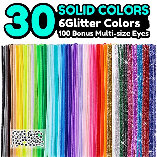 Pllieay 1050 Pieces Pipe Cleaners with 100 Pieces Glue Eyes, 30 Assorted Colors Chenille Stems Bulk for Kids Art and Crafts Projects and Christmas Decoration(6 x mm x 12 inch)