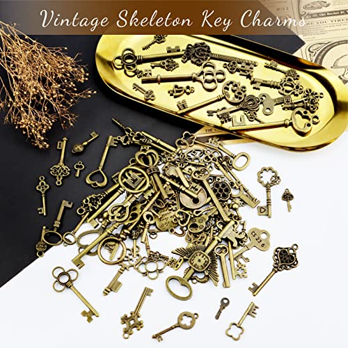 JIALEEY Vintage Skeleton Keys, Wholesale Bulk Lots Mixed Set of 100 Antique Bronze Brass Skeleton Castle Dungeon Pirate Keys, 10.5oz/300g