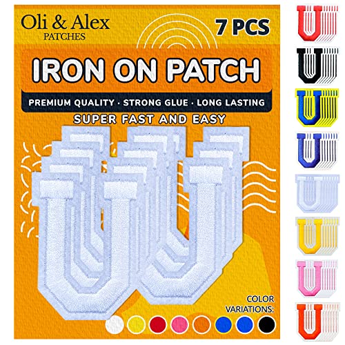 Oli and Alex Iron On Letters 2.4 inch - 7 pcs of U White Patches Letters for Clothing - Super Glue - No sew Needed - Embroidery Alphabet Football Team School University - White, U