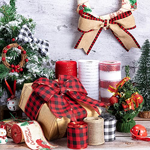 7 Rolls Christmas Ribbon Christmas Mesh Ribbon Red Green Plaid Christmas Ribbons for Wreaths Holiday Decorative Ribbon for DIY Craft Indoor Outdoor Decoration (Fresh Style)