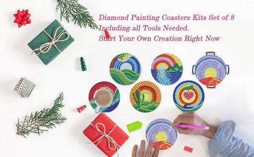TGYIUA 6 Pcs Diamond Painting Coasters with Holder,Shining Drink Coasters Cork Base, DIY Cup Coasters Diamond Art Kits with Diamond Painting Pen, Arts and Crafts for Adults Kids Christmas Gift