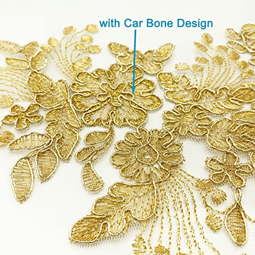 BETITETO 1 Pairs Flower Embroidery Lace Applique White Car Bone Floral Embroidered Sew on Patches for Wedding Dress Gown Bodice Costume Clothing Craft DIY (Gold)