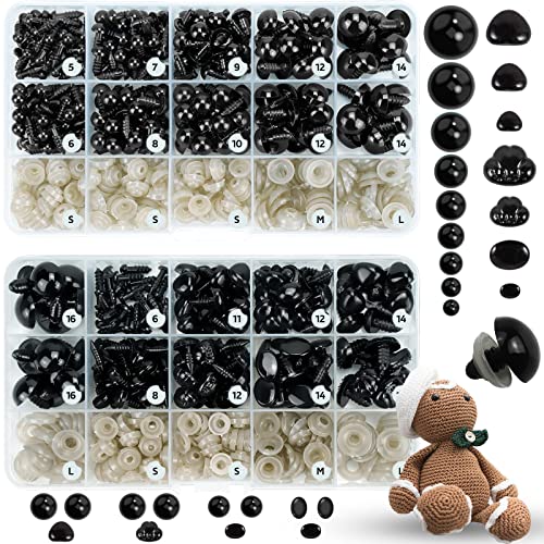 800PCS Safety Eyes and Noses for Amigurumi, 2 Boxes Crochet Eyes with Size Chart, Black Plastic Craft Doll Eyes with Washers for Crochet Stuffed Animals, Crochet Toy and Teddy Bear, Assorted Sizes