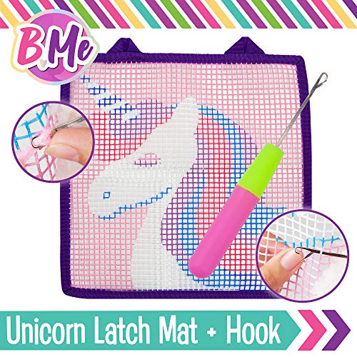 B Me DIY Unicorn Latch Hook Kit for Girls – Mini Rug Sewing Set with 15 Colorful Yarn Bundles, Color-Coded Canvas, DIY Grils Bedroom Décor Idea Perfect Birthday & Gift Age 6+