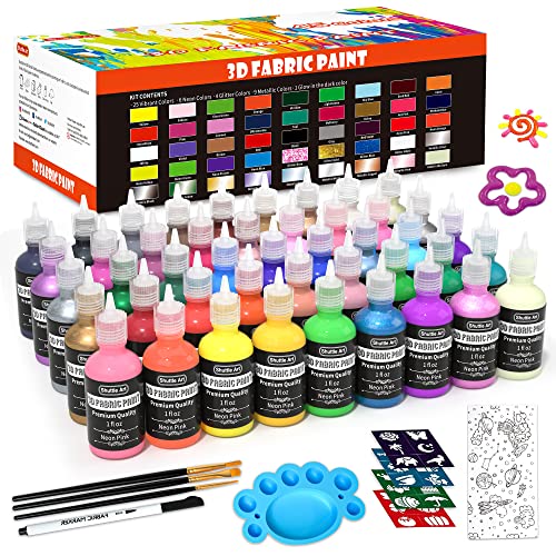 Shuttle Art Fabric Paint Set, 45 Colors 3D Permanent Paint with Brushes Palette Fabric Pen Fabric Sheet Stencils, Glow in The Dark, Glitter,Metallic Colors for Textile Fabric T-Shirt Jeans Glass